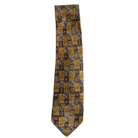 Lands End Tie 100% Silk Handsewn In USA Yellow Gray Mens - Picture 2 of 4